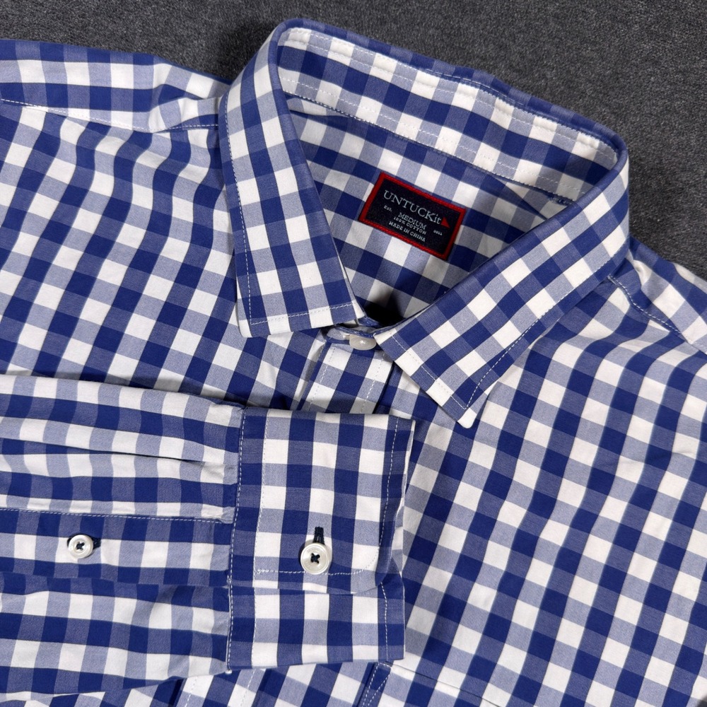 UNTUCKit Button Up Shirt Mens Medium Blue White Gingham Check Cotton Long Sleeve